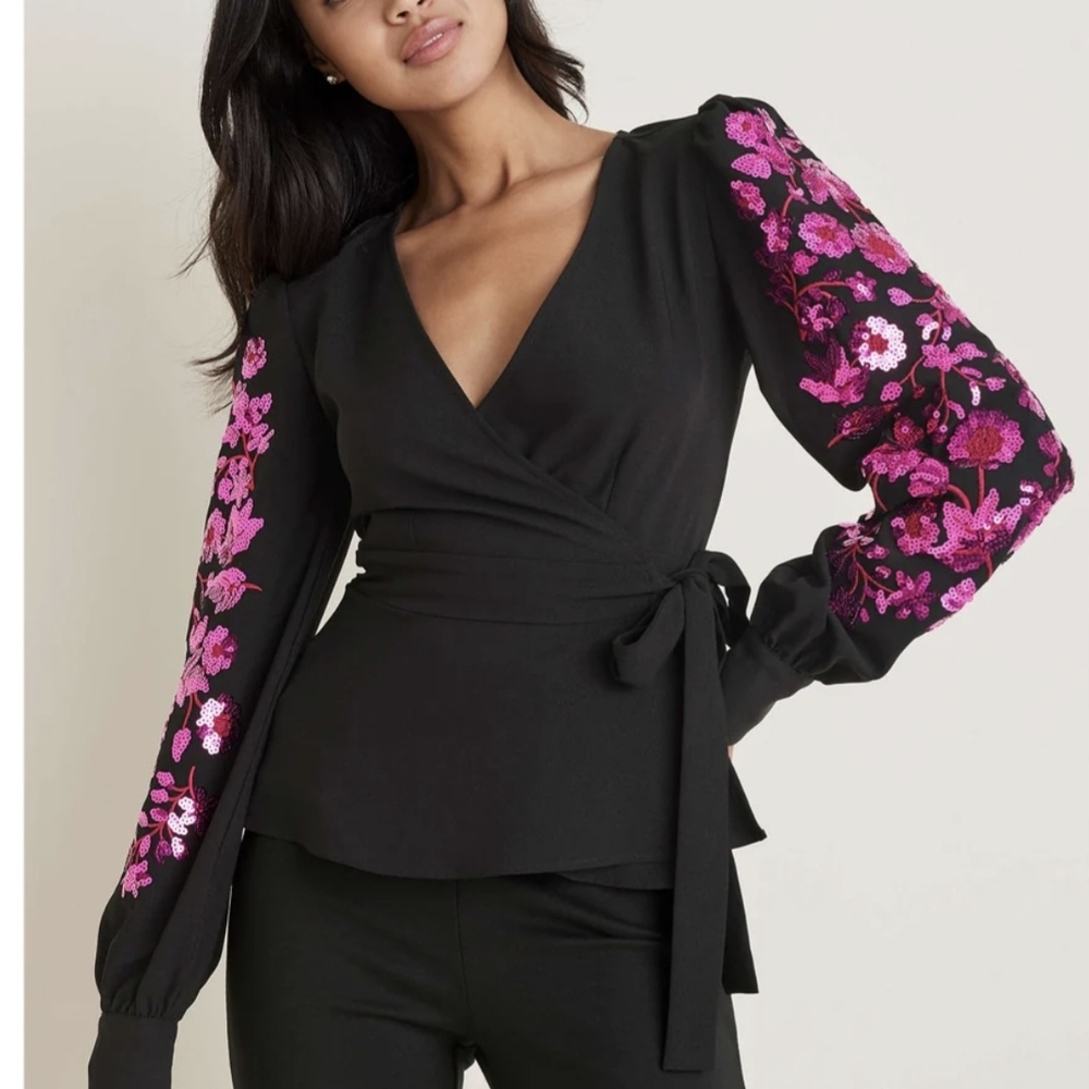 VENUS Black Blouse with Pink Floral Sequin Accents